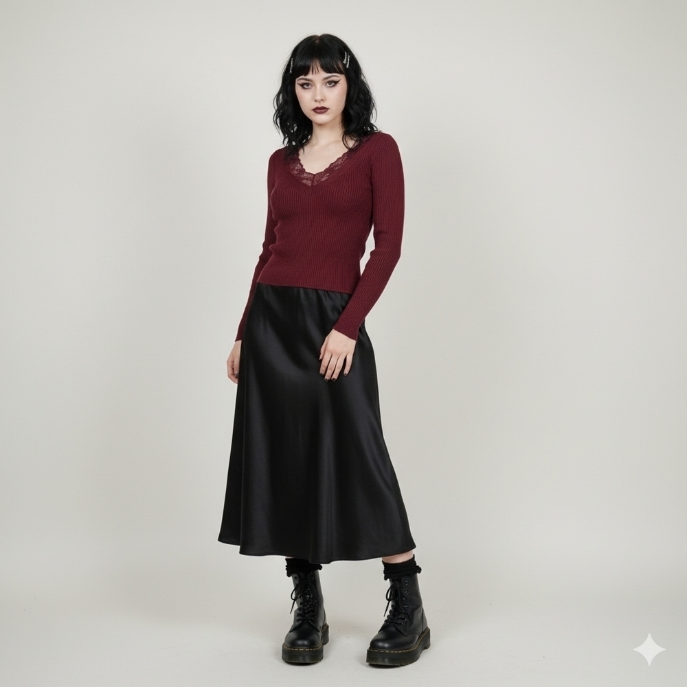 H&M Divided V-Neck Ribbed Long Sleeve Burgundy Lace Sweater Size Xs Wimsigoth